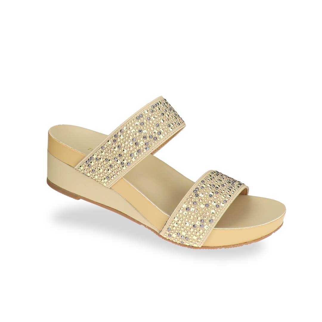 Diagonal view of Thomas Chan's Blinkies Twin Band Wedges – sparkling twin-strap low wedges in cream with arch-support footbed for women.
