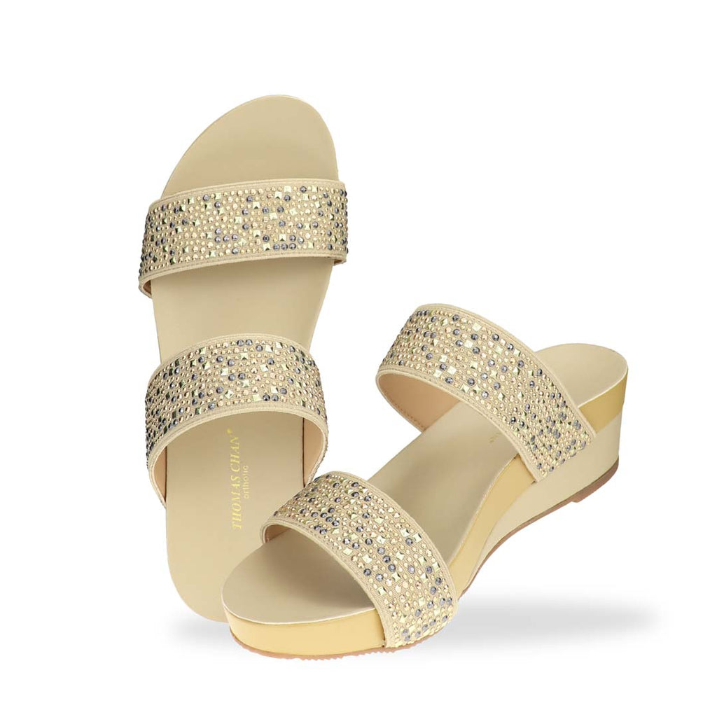 Full view of Blinkies Twin Band Wedges – twin rhinestone straps on cream low wedge sandals for women, Arch-legance collection by Thomas Chan.