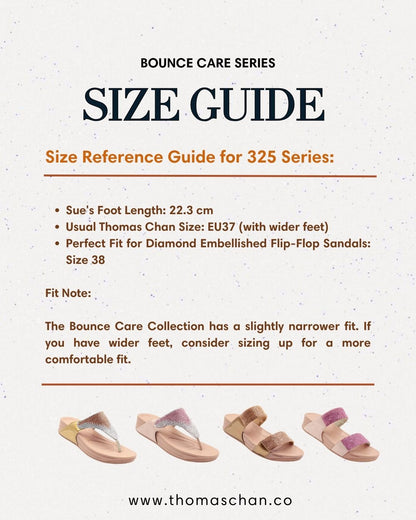 Bounce Care Series size guide for the 325 sandal series, featuring fit details for foot length 22.3 cm, usual size EU37, and recommended size EU38 for the Diamond Embellished Flip-Flop Sandals. Includes note suggesting sizing up for wider feet. Four sandal styles shown at the bottom.