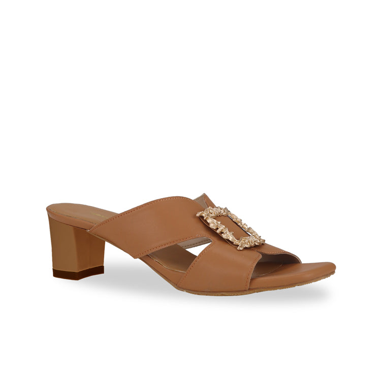 Caramel tanned brown slide comfortable casual sandal low heels open toe elegant design diagonal product view