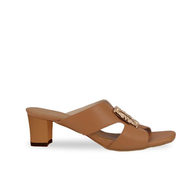 Caramel tanned brown slide comfortable casual sandal low heels open toe elegant design side product view