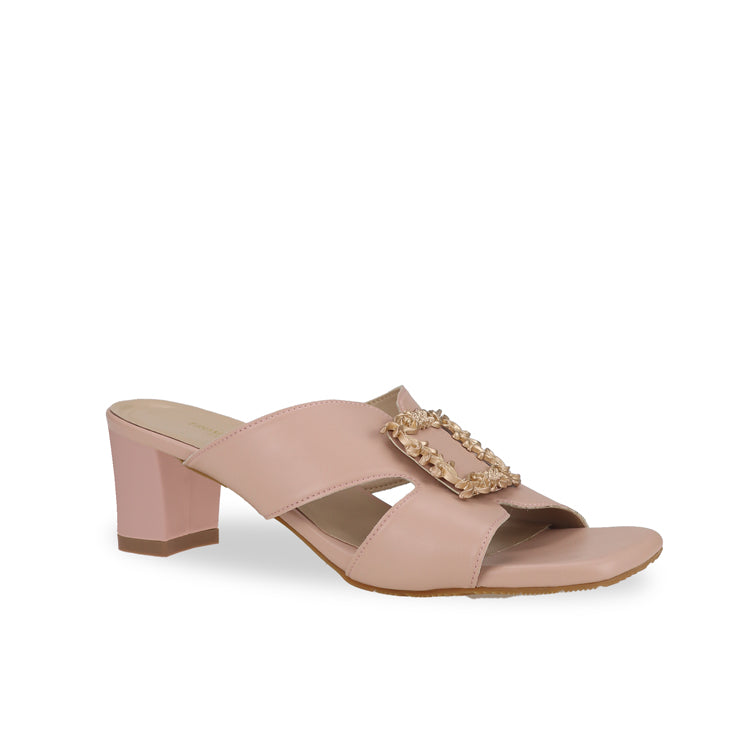 Soft pastel pink nude slide comfortable casual sandal low heels open toe elegant design diagonal product view