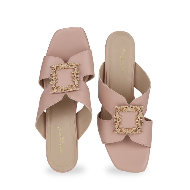 Soft pastel pink nude slide comfortable casual sandal low heels open toe elegant design front product view