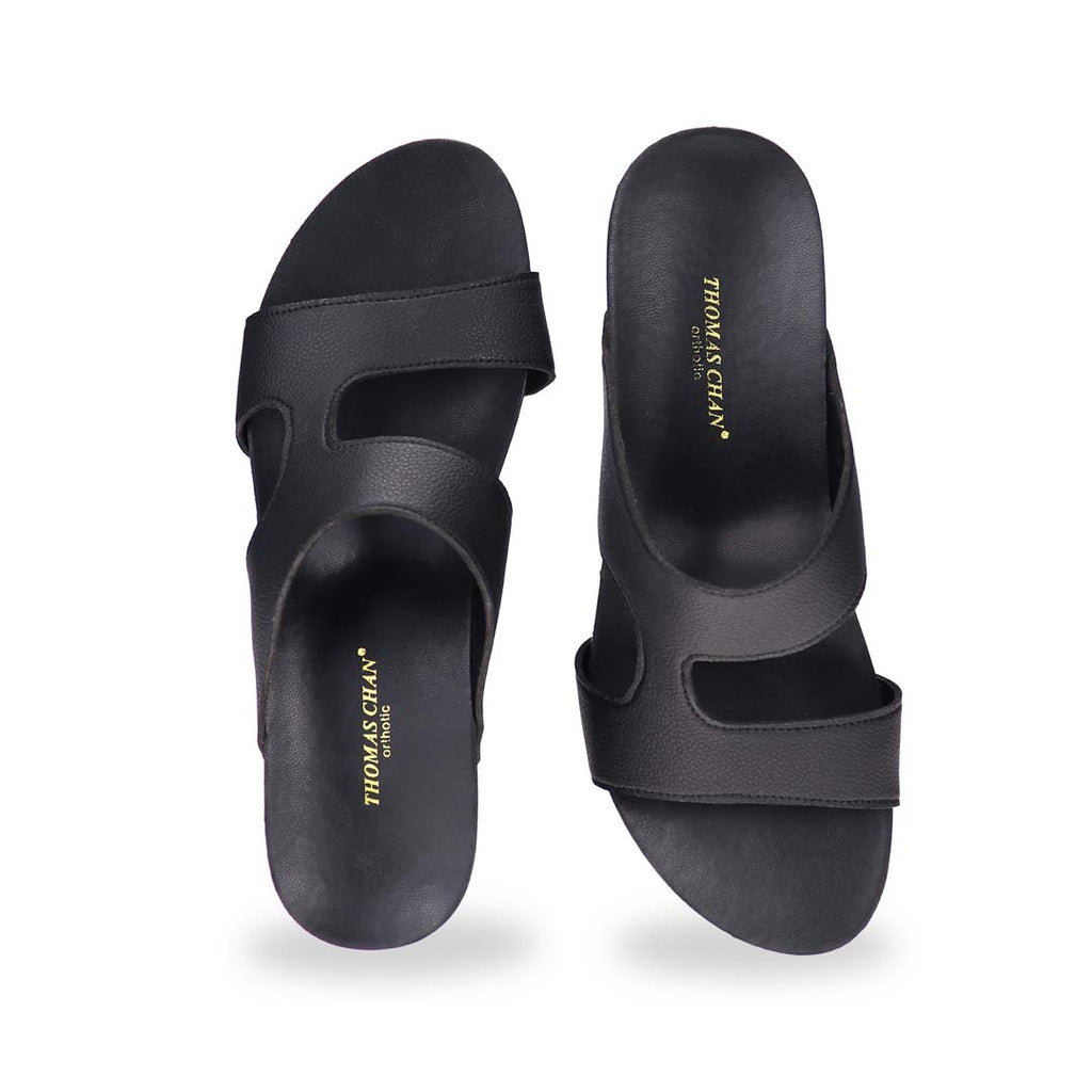 Front-facing image of Simplicité High Wedges in matte black — Thomas Chan’s minimalist high wedges with a chic open toe design and clean, modern silhouette.