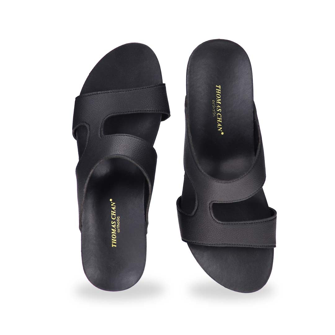 Front-facing image of Simplicité High Wedges in matte black — Thomas Chan’s minimalist high wedges with a chic open toe design and clean, modern silhouette.