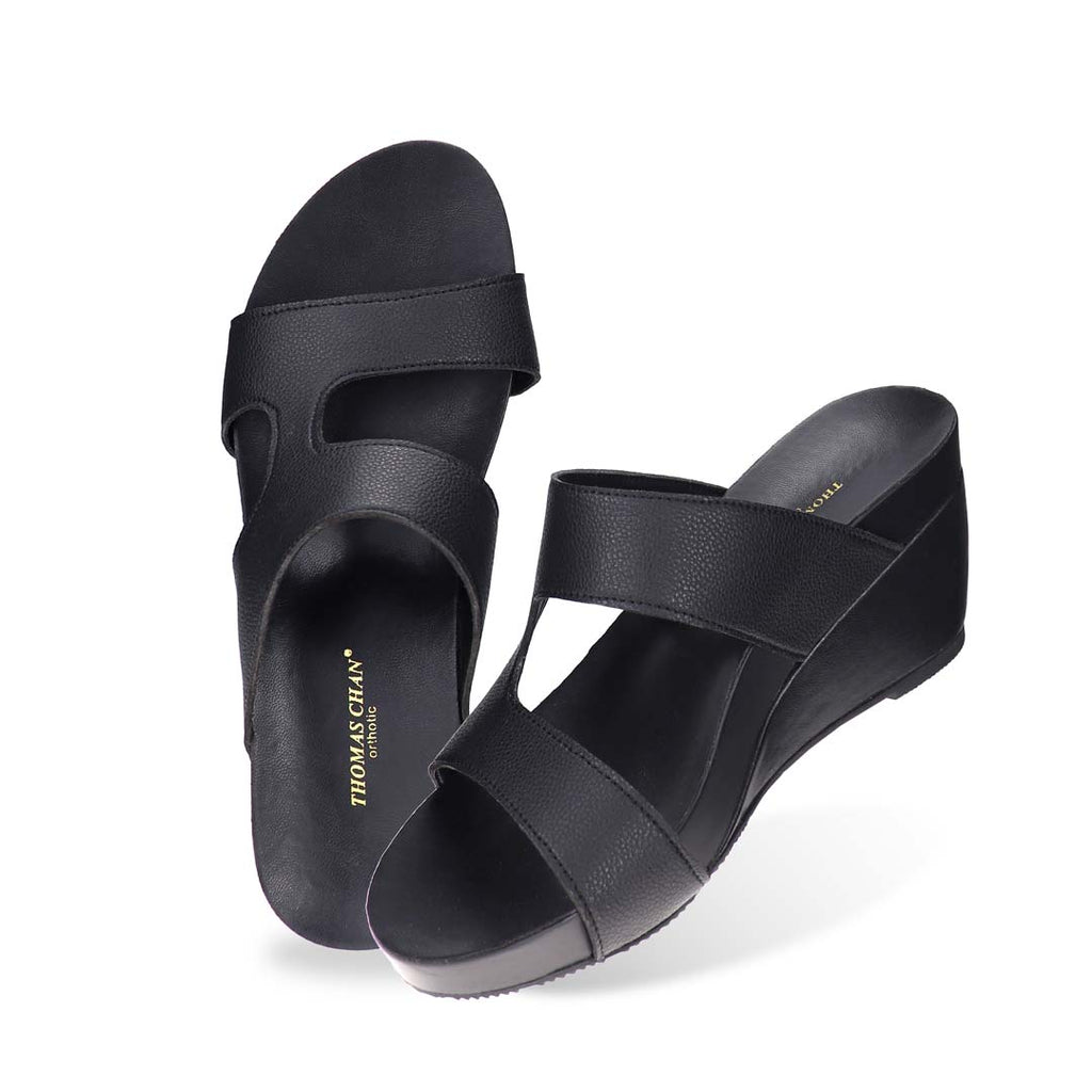 Full top-down view of Thomas Chan Simplicité High Wedges — minimalist matte black high wedges featuring seamless design and orthotic footbed for all-day wear.
