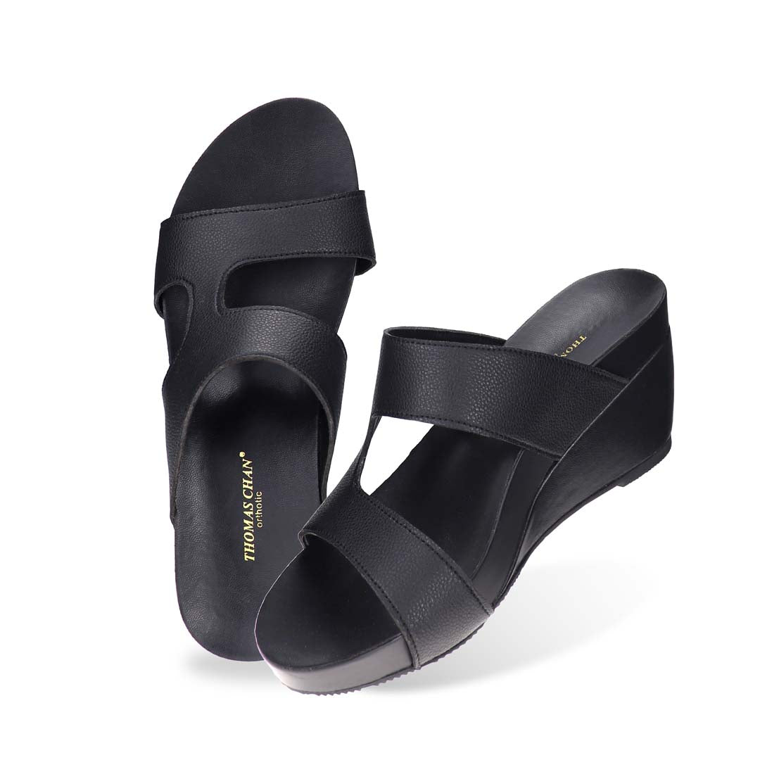 Full top-down view of Thomas Chan Simplicité High Wedges — minimalist matte black high wedges featuring seamless design and orthotic footbed for all-day wear.