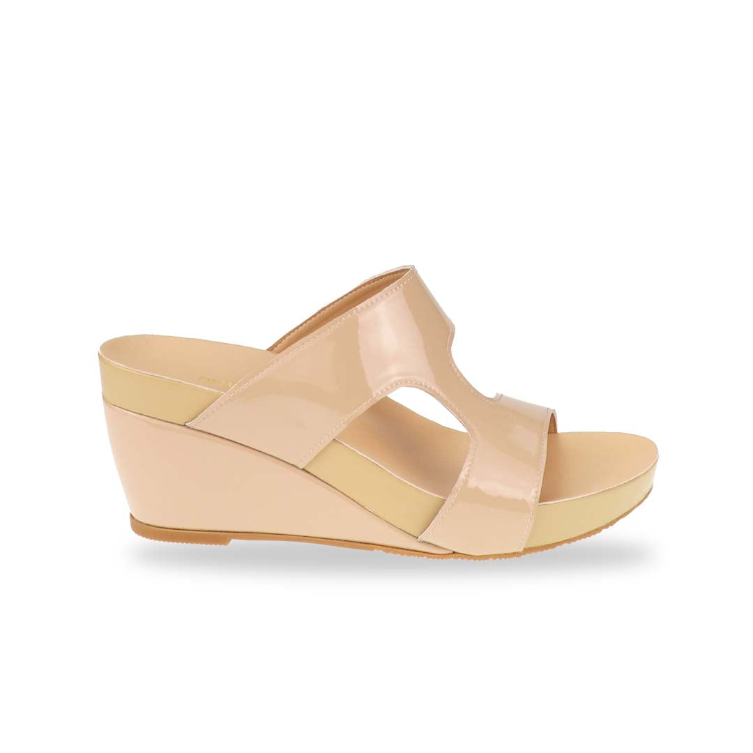 Side view of Simplicité High Wedges in nude beige — high wedge sandals with sleek lines and arch-support footbed, designed for modern minimalists.