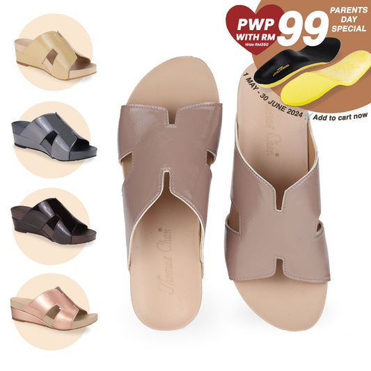 Introducing Thomas Chan comfortable H-strap low wedge slide sandals, featuring built-in arch-support insoles for enhanced comfort and ease of walking. Available in light taupe, pale yellow, silver grey, dark brown, and rose gold colours.  From 1st May to 30 June 2024, Thomas Chan is offering a parent's day special bundle: purchase 1 pair of Thomas Chan shoes & top up another RM99 to get a pair of good arch support orthopaedic insoles - originally worth RM350.