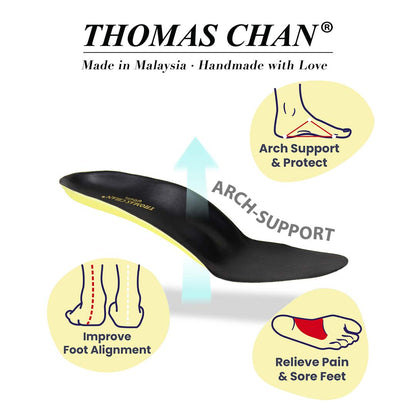 "Thomas Chan® Orthotic Arch-Support Insole in black with a yellow base, designed to provide arch support and improve foot alignment. The insole has a contoured shape with a raised arch, supporting the foot's natural curve. Three circular icons highlight its benefits: 'Arch Support & Protect' with a foot diagram, 'Improve Foot Alignment' with a leg alignment illustration, and 'Relieve Pain & Sore Feet' with a foot showing pressure relief. The text 'Made in Malaysia · Handmade with Love' is displayed above.