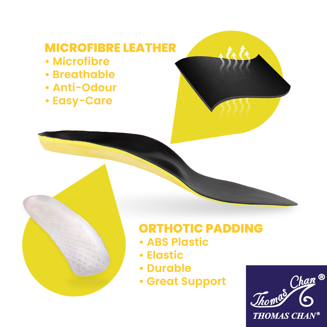 Thomas Chan orthopedic insoles made with premium-quality materials like microfiber leather and ABS plastic, featuring a breathable, easy-care, and sweat-proof design for plantar fasciitis.