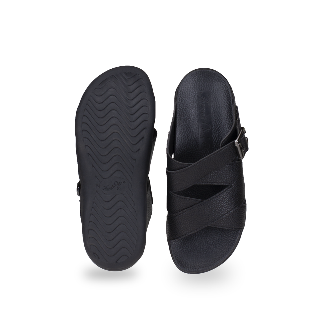 Front & Bottom view of Thomas Chan comfortable men leather flip flop sandal shoes with adjustable buckle and arch supporting orthotics insoles
