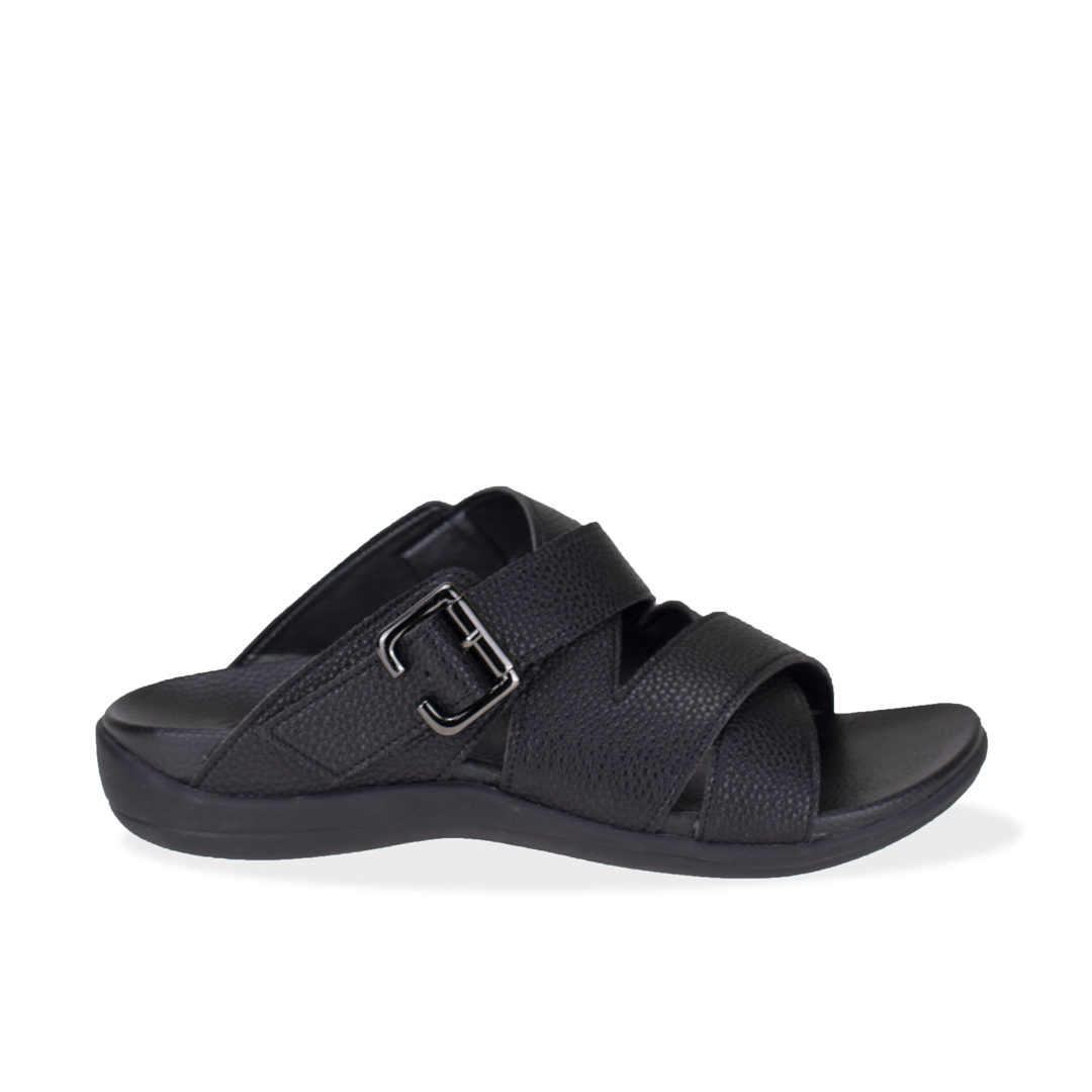 side view of Thomas Chan comfortable men leather flip flop sandal shoes with adjustable buckle and arch supporting orthotics insoles