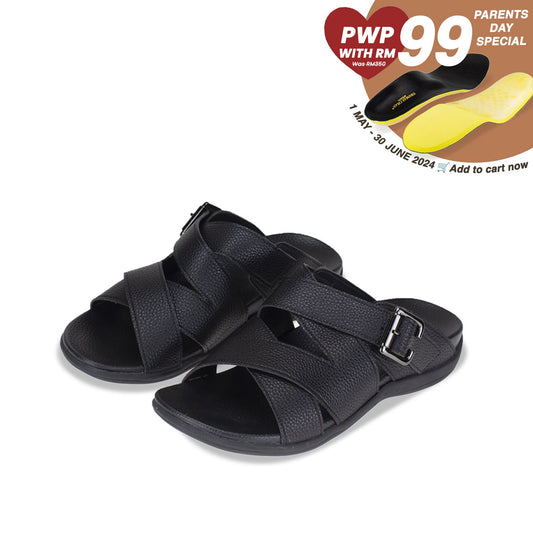 Introducing Thomas Chan comfortable men's leather flip flop sandals with an adjustable buckle and arch-supporting orthotic insoles. From 1st May to 30 June 2024, Thomas Chan is offering a parent's day special bundle: purchase 1 pair of Thomas Chan shoes & top up another RM99 to get a pair of good arch support orthopaedic insoles - originally worth RM350.