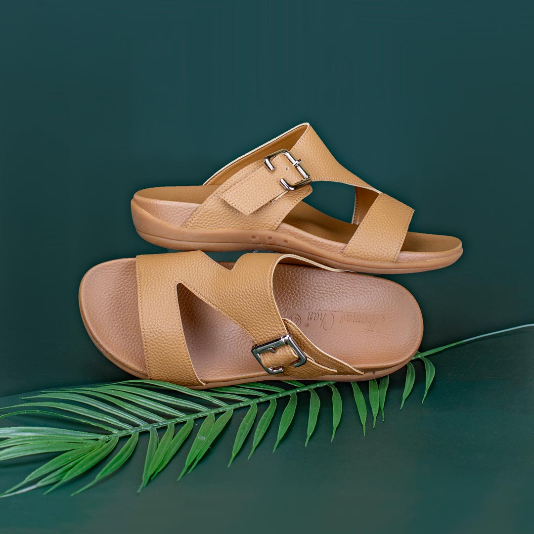 comfortable men leather flip flop orthotic orthopaedic shoes with special camel colour buckle design by Thomas Chan