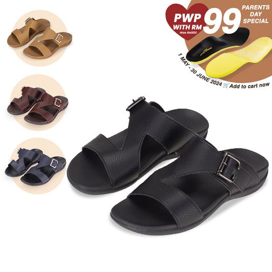 Introducing comfortable men's black leather sandals with orthotic arch support insoles, featuring a special zig-zag design with buckle by Thomas Chan. From 1st May to 30 June 2024, Thomas Chan is offering a parent's day special bundle: purchase 1 pair of Thomas Chan shoes & top up another RM99 to get a pair of good arch support orthopaedic insoles - originally worth RM350.