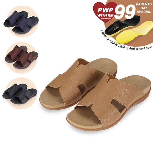 Introducing comfortable men's leather H-strap sandals with a soft arch-supporting insole by Thomas Chan. Available in camel, dark blue, dark brown & black colours. From 1st May to 30 June 2024, Thomas Chan is offering a parent's day special bundle: purchase 1 pair of Thomas Chan shoes & top up another RM99 to get a pair of good arch support orthopaedic insoles - originally worth RM350.