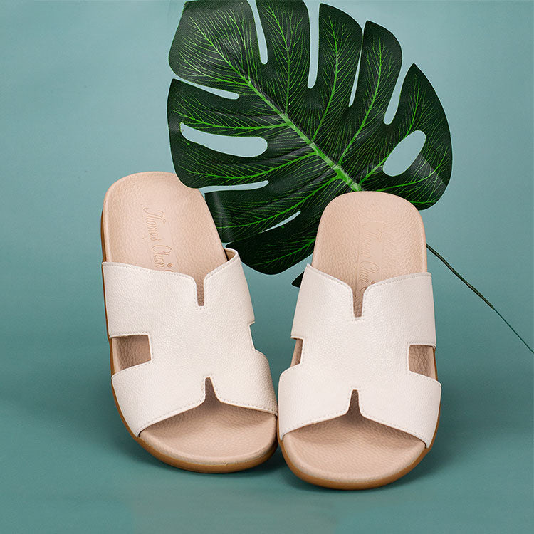 comfortable ivory white cream colour Thomas Chan classic H strap upper design slide sandals with orthopedics memory insoles