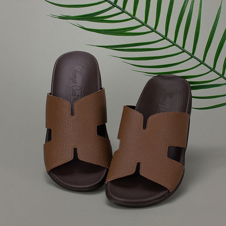 comfortable light brown coffee colour Thomas Chan classic H strap upper design slide sandals with orthopedics memory insoles