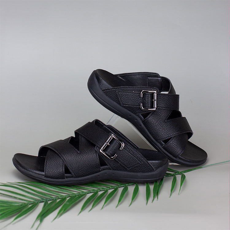 Casual comfortable Thomas Chan's Men Multi Straps Buckle Sandals in black colour, featuring an arch-support footbed, with adjustable buckle in grey background