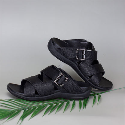 Casual comfortable Thomas Chan's Men Multi Straps Buckle Sandals in black colour, featuring an arch-support footbed, with adjustable buckle in grey background