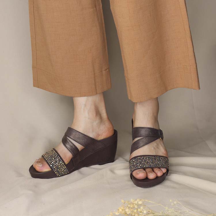 Earth tone outfit matching with thomas chan rhinestone decor wedge sandals